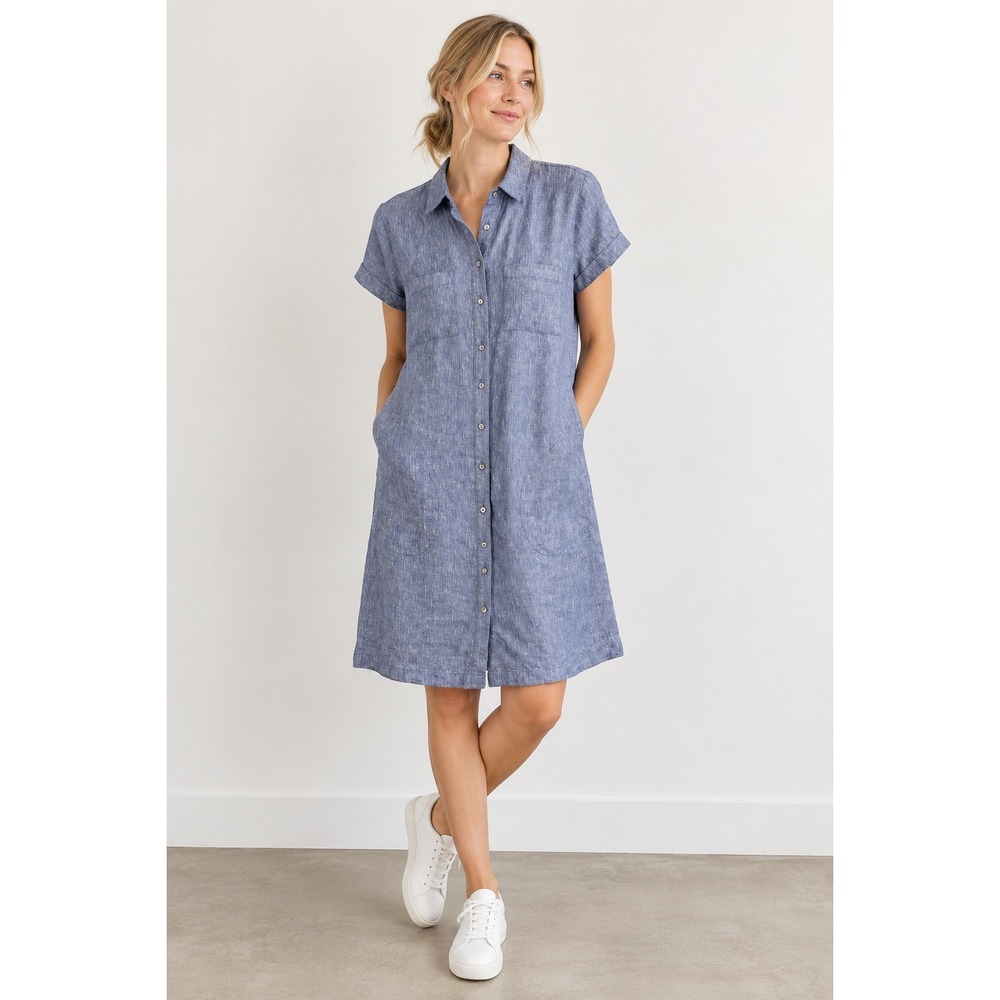 J. Jill 100% linen button up shirt dress Size S blue pockets lagenlook